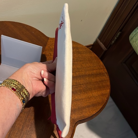 YSL Beaute Wristlet  cosmetic case/pouch fabric  Ivory cream/red trim & logo NWO - Picture 7 of 13